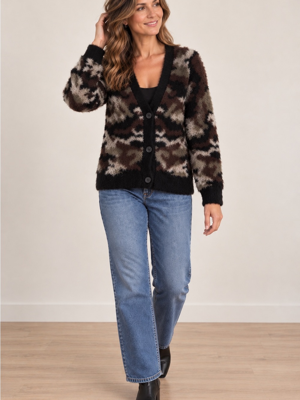 Bella Dahl Fuzzy Camo Cardigan Sweater Women’s Small Black Olive Brown